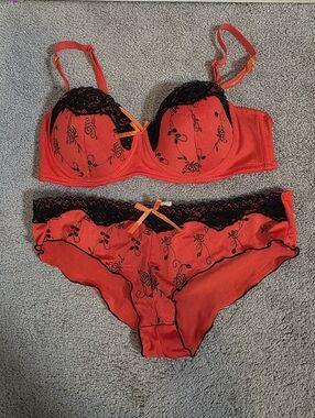 Popsi Lingerie Orange and Black Lace Embroidered Bra & Panty Set Size 34C/Large